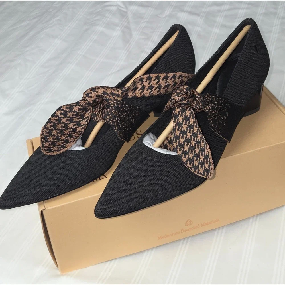 Vivaia Pointed-Toe Block Heel Mary Jane Knit Pumps Houndstooth Bow Size 7.5 EU38
